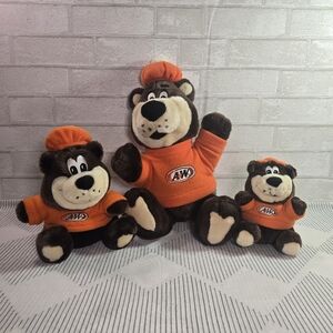 Vintage A&W Root Beer Rooty Bear Plush Stuffed Toy Trio in Orange Outfits